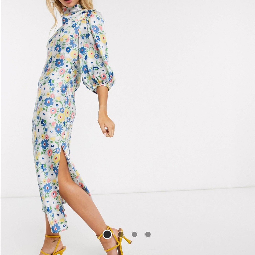 Silky Floral Midi Cowl Neck Dress